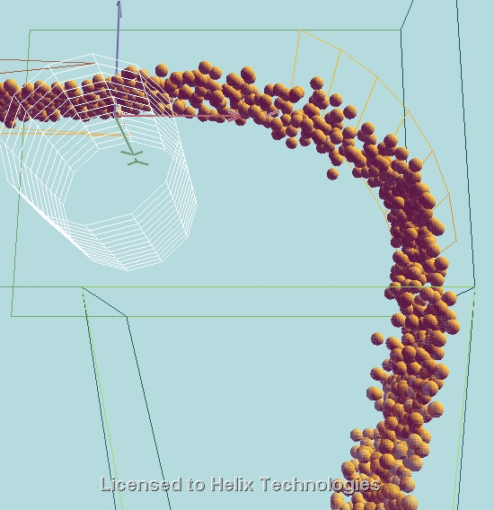 Particles following the curve of an impact plate into a discharge trajectory