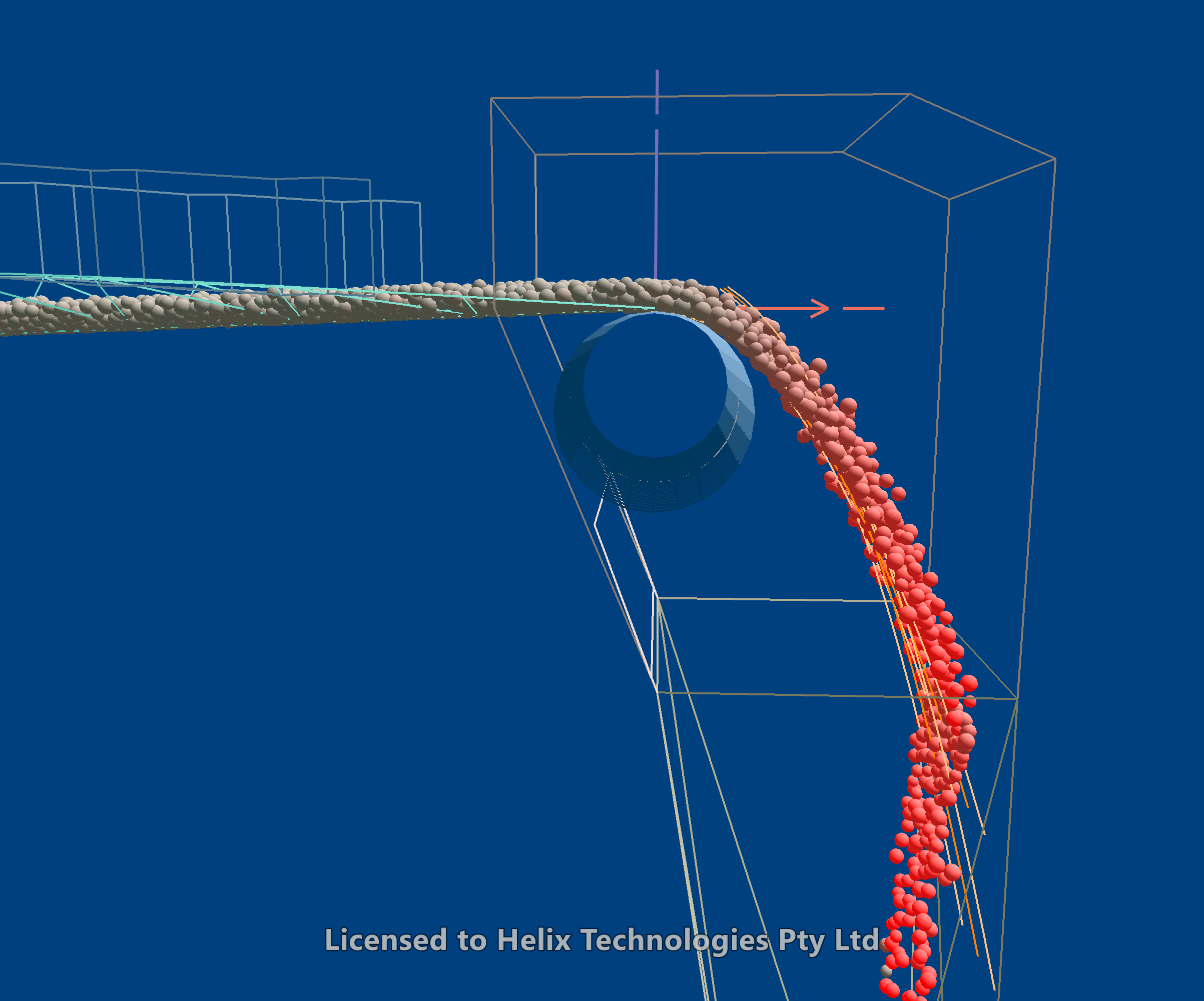 The same transfer at 2.5 m/s: the stream leaves the pulley closer in and falls more steeply, still spread around the trajectory curves