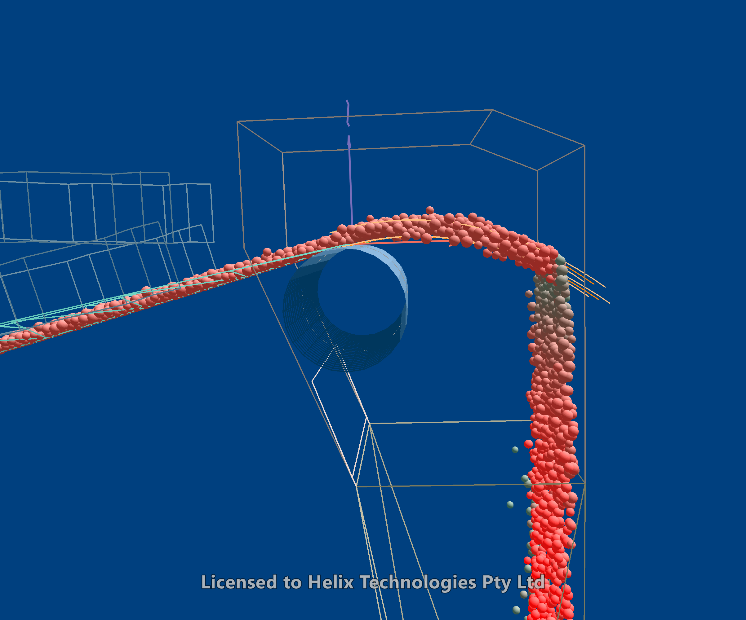 The same transfer at 5.0 m/s with the belt climbing to the pulley at 15 degrees: the stream rises over the pulley before it falls