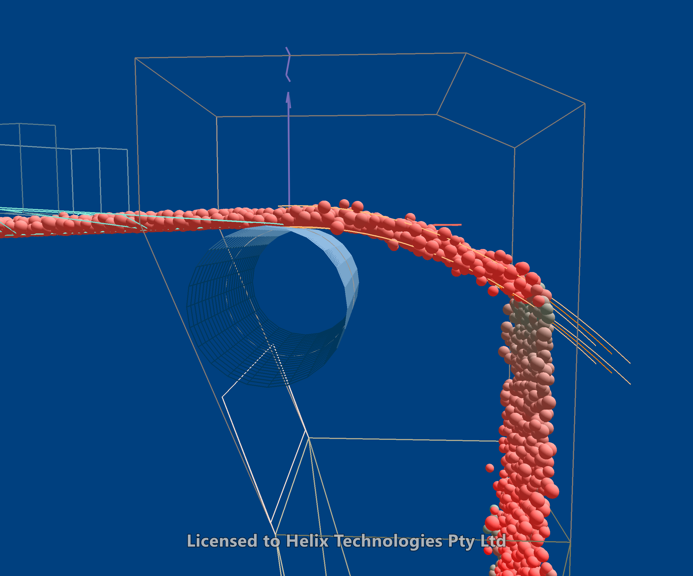The discharge trajectory curves drawn in a DEM calculation, with the stream of particles leaving the head pulley spread around them