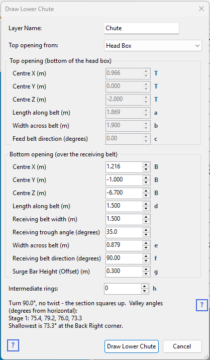 the Draw Lower Chute dialog