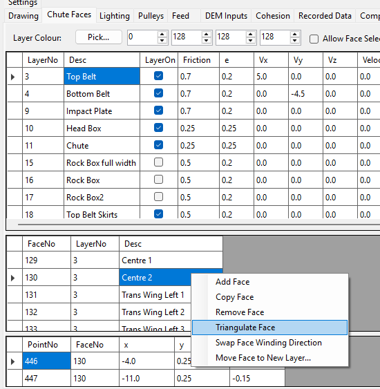 the Faces table's right-click context menu showing Triangulate Face