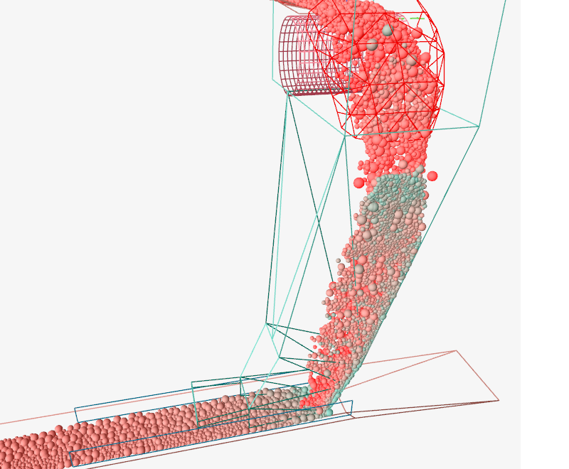Close-up of the particle stream through the impact plate and onto the receiving belt